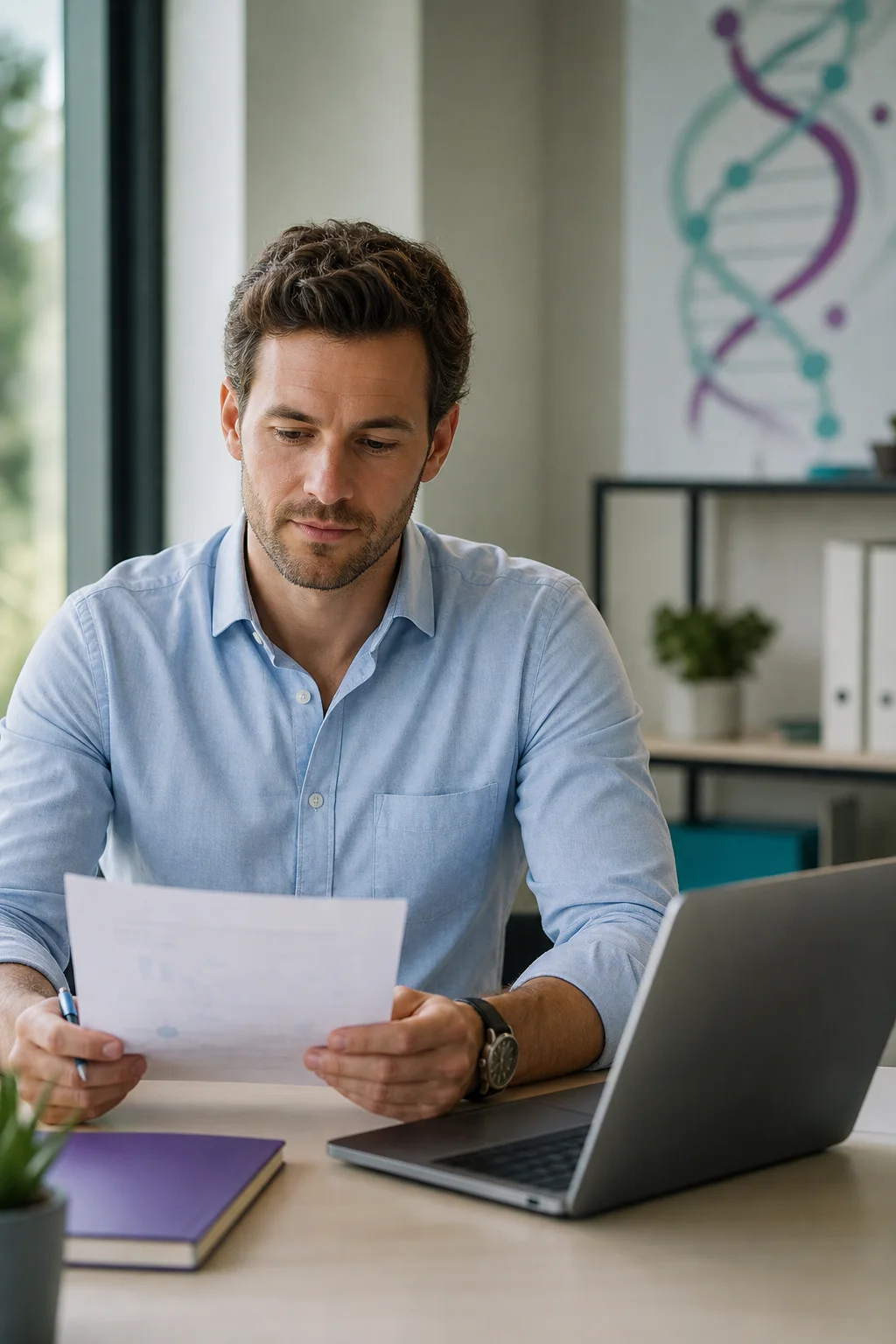 A biopharma consultant reviewing project documents at a desk