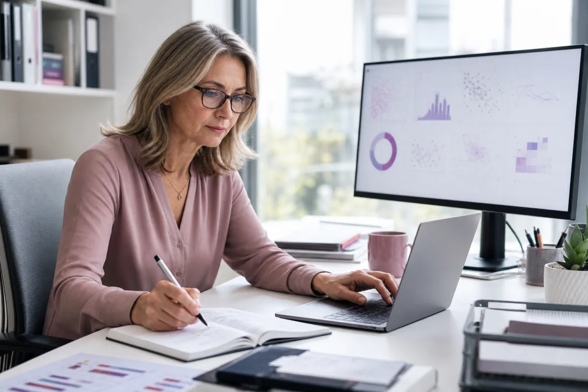 Biostatistician comparing clinical study charts with notes in a modern office