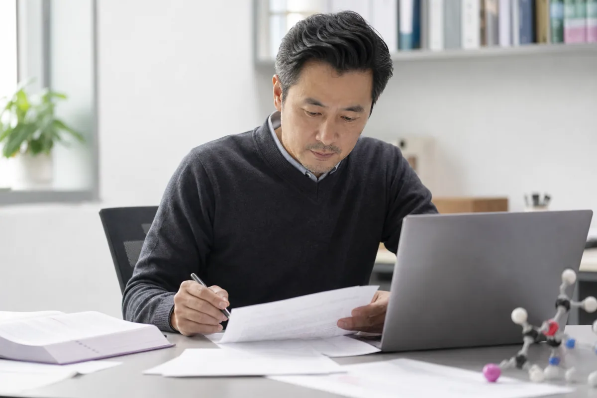 Experienced medical writer editing a scientific manuscript beside a laptop