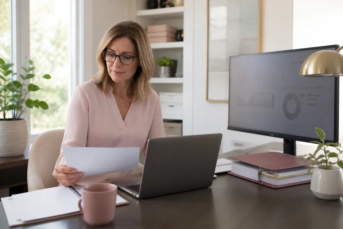 Senior clinical research professional reviewing study data from a home office